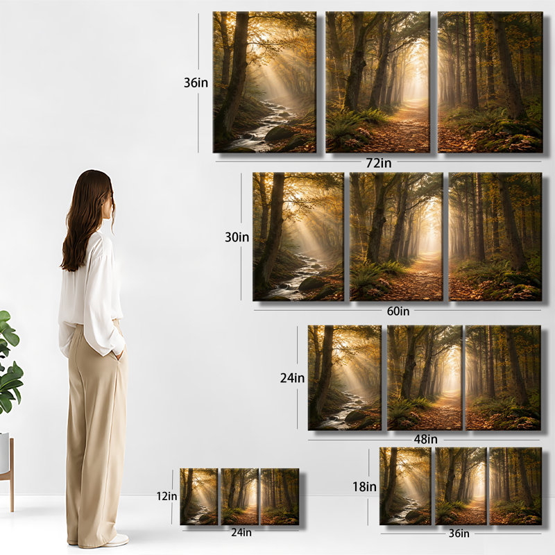 «Autumn Forest Path Stream Sunbeam Moss Mushroom Landscape», impression sur toile tendue 3 pièces (1)