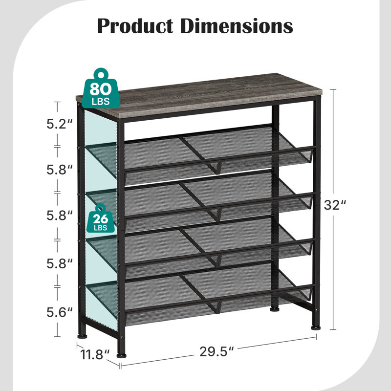Range-chaussures à 5 niveaux avec plateau en bois, rangement pour chaussures industriel pour petits espaces, Gris bois