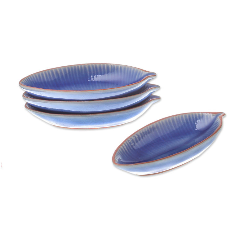 Set of 4 Blue Ceramic Leaf-Shaped Serving Bowls