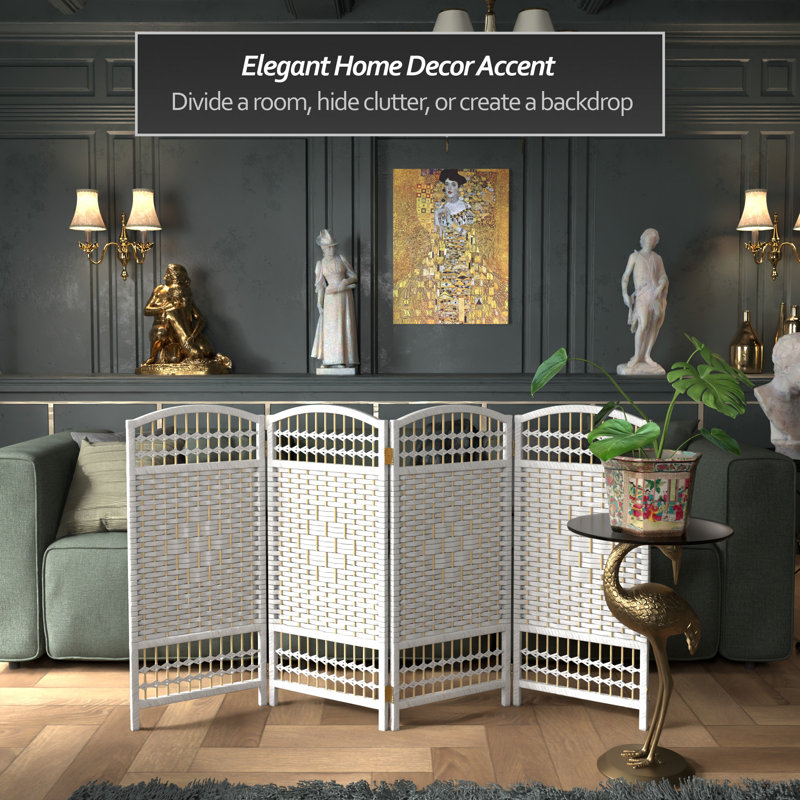 Short Fiber Weave Folding Screen, 4, White, 35.5"H