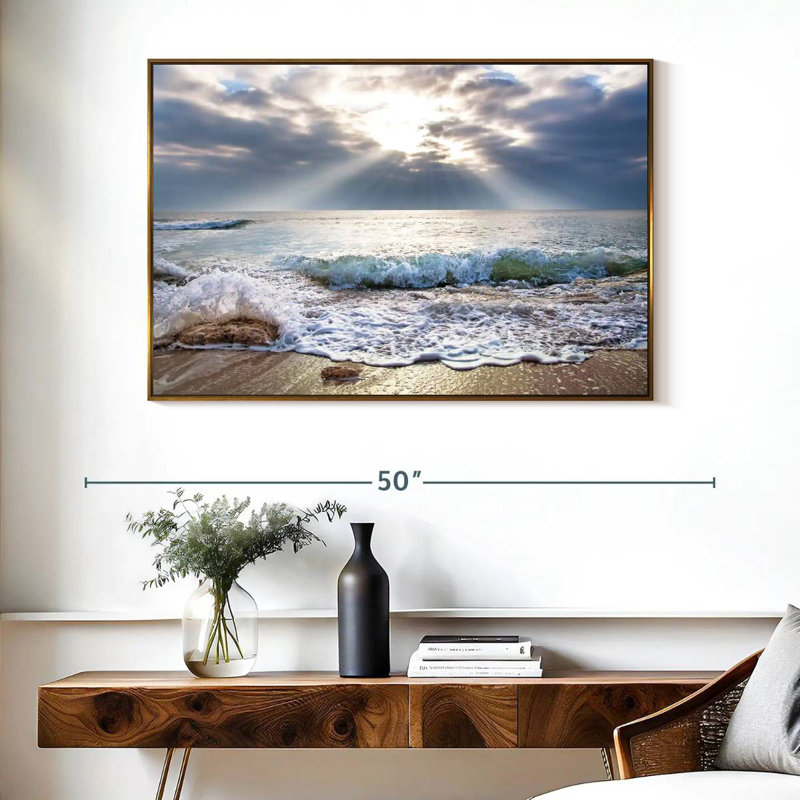Océan au lever du soleil, Cadre flottant doré, 40 po x 27 po