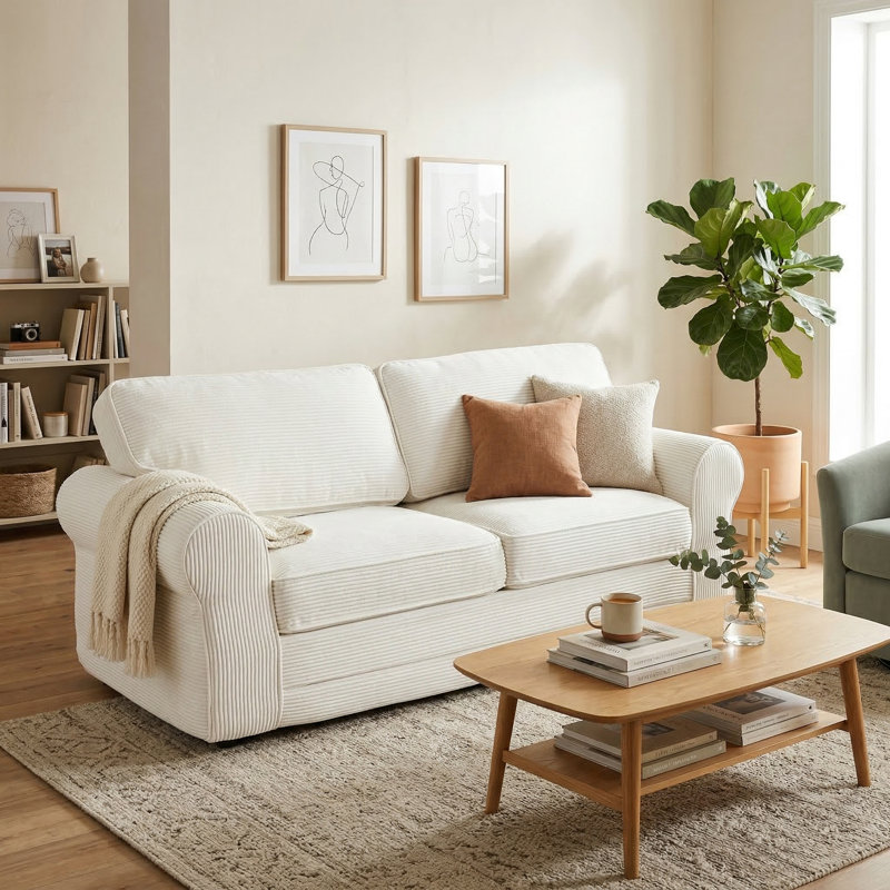 83" Modern Loveseat Sofa for Living Room with Round Arms, Piping Detail & Soft Corduroy, White