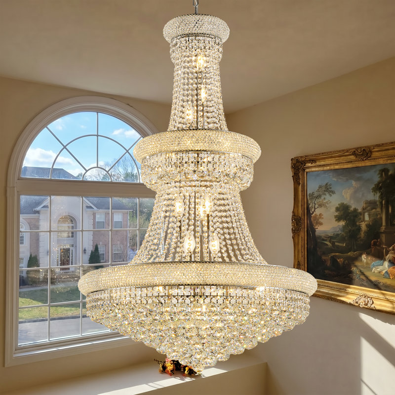 32-Inch K9 Crystal Chandelier for Dining Room, Luxury 27-Light French Empire Ceiling Light Fixture for Living Room, Foyer, Staircase & Entryway, Chrome
