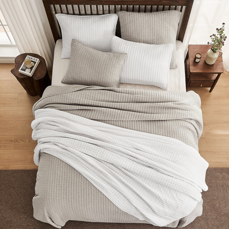 Light Taupe Cotton Reversible King Quilt Set