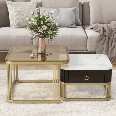 Ensemble de 2 tables basses et tables d'appoint gigognes à grain de marbre ultrabrillant