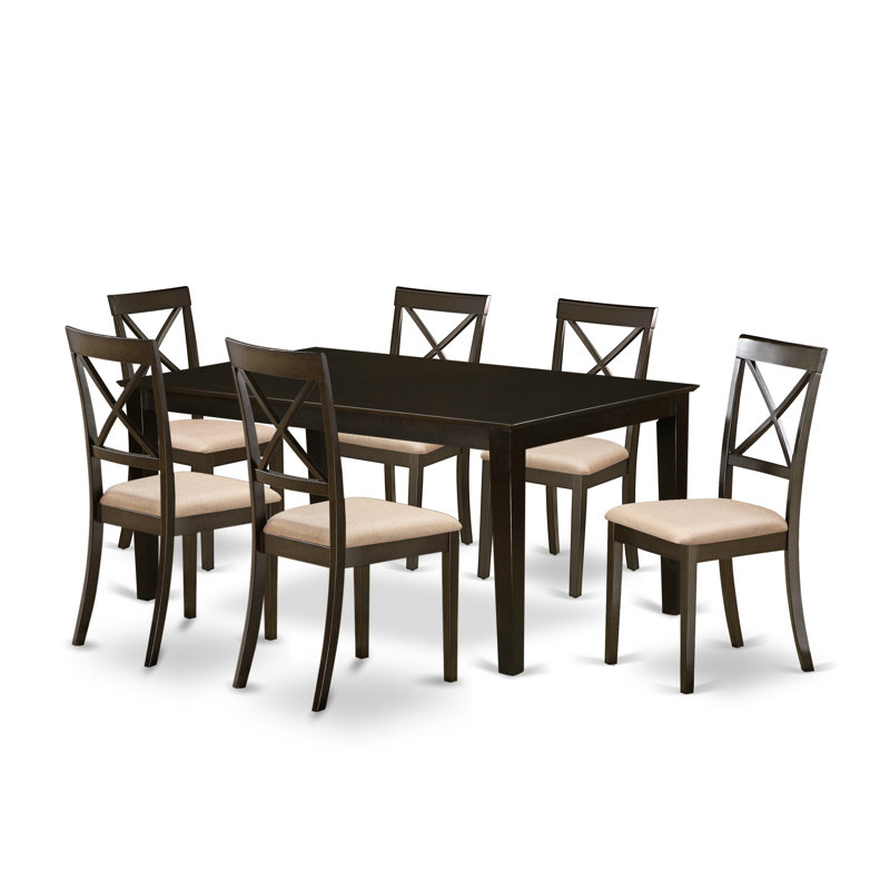 Ensemble de table de salle à manger 7 pièces moderne composé d'une table rectangulaire en bois avec piédestal et de 6 chaises de salle à manger en tissu de lin, 42 x 72 pouces, cappuccino
