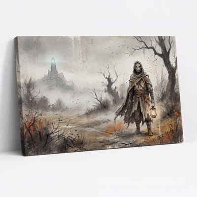 Personnage encapuchonné avec lanterne dans une forêt brumeuse - Toile murale d'Halloween