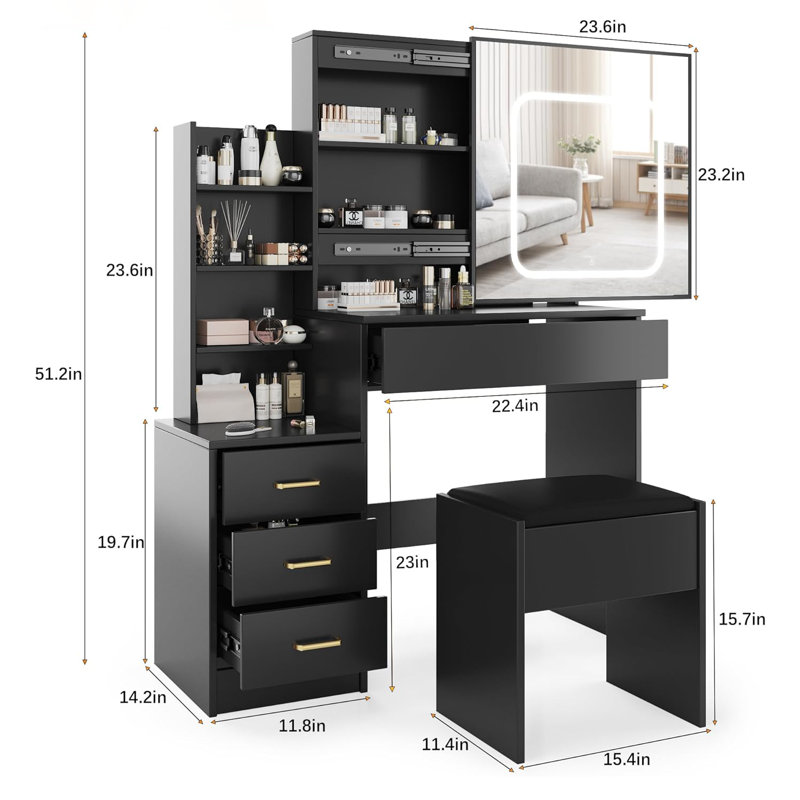 Bureau de coiffeuse, bureau de maquillage avec miroir lumineux coulissant, station de charge, Noir, noir, noir, noir