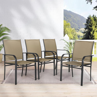 Outdoor Dining Armchairs with PVC-coated polyester Fabric and Wrought Iron Frame Set of 4
