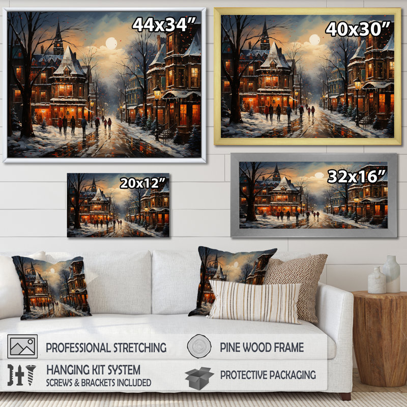 Winter Village In Europe II - Winter Landscape, art mural, Cadre d'angle fermé noir, H 12 po x l 20 po x P 1 po