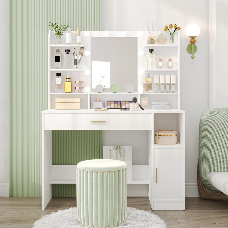 Dressing Table, Large Tabletop with Mirror, LED Light with Adjustable Brightness, Organiser Drawers and Storage Cabinets, Open Shelves, for Bedroom, Cloakroom, White 