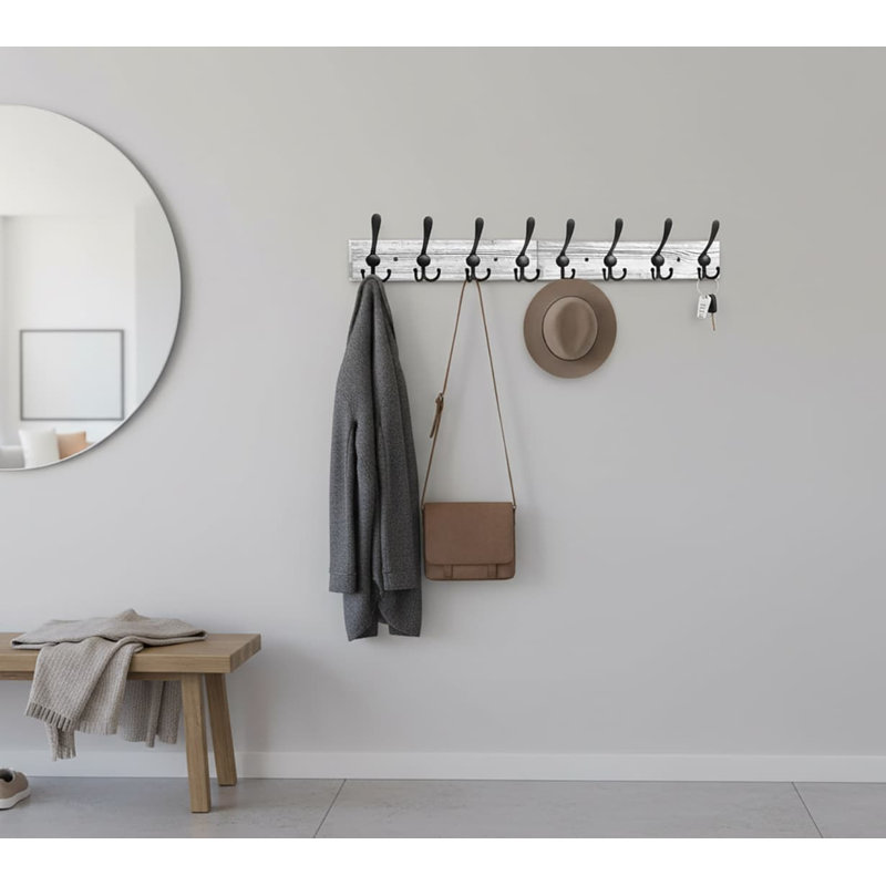 31.4'' Rustic Wood & Aluminum Wall Mounted Coat Rack - 8 Black Tri-Hooks for Coat/Bag/Towel, White/Black