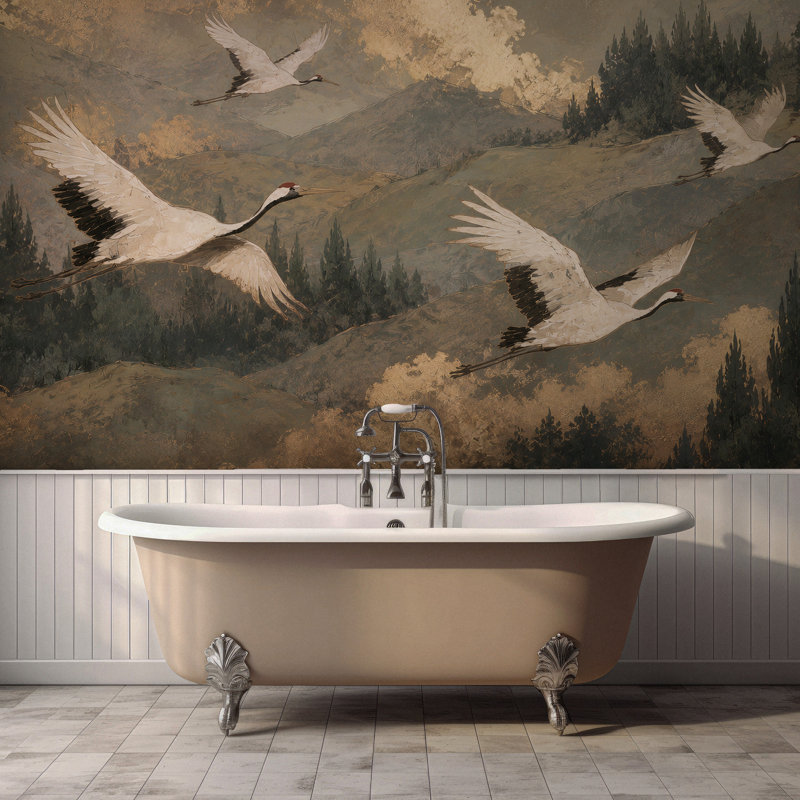Papier peint Moody Olive Green Crane, 60" L x 90" W, Peel & Stick