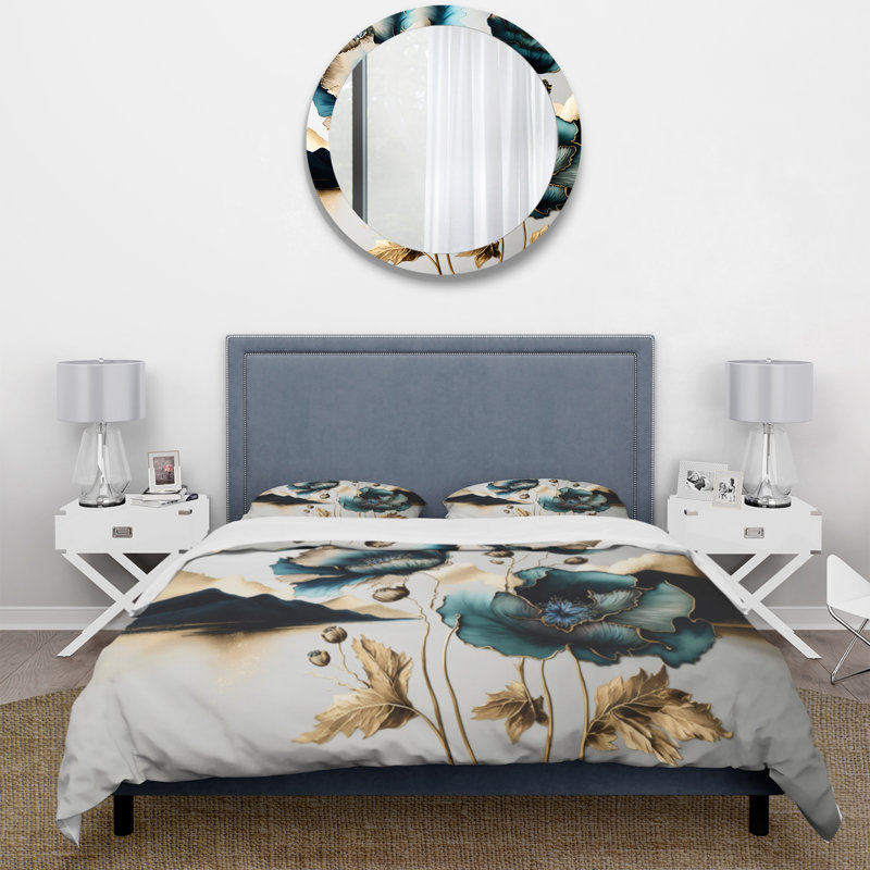 Ensemble de housse de couette dorée et bleue à motif de coquelicots floraux Euphoria