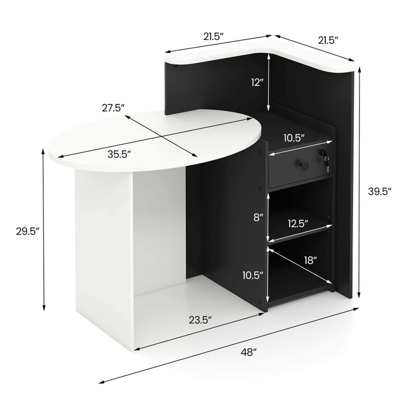 Front Reception Counter Desk Checkout Office Desk With Open Shelf & Lockable Drawer, Black