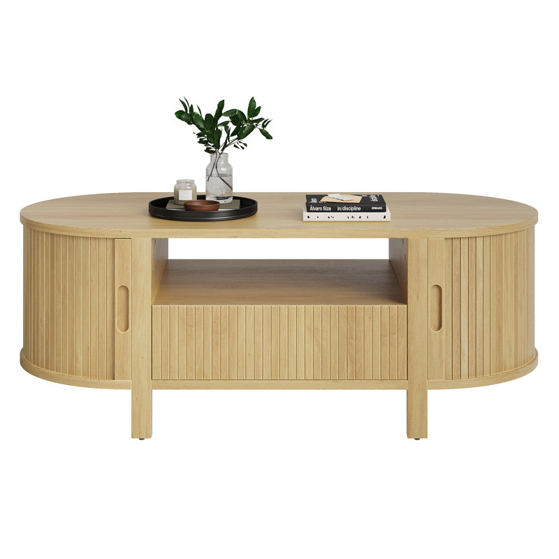 47.2'' Oval Coffee Table With Storage, Fluted Accent Center Table With Draw And Sliding Tambour Doors, Oak