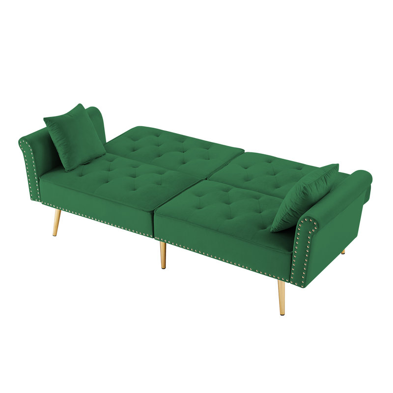 Twin 76.7'' Velvet Convertible Sofa, Green, 32.2" H x 76.7" W x 33" D