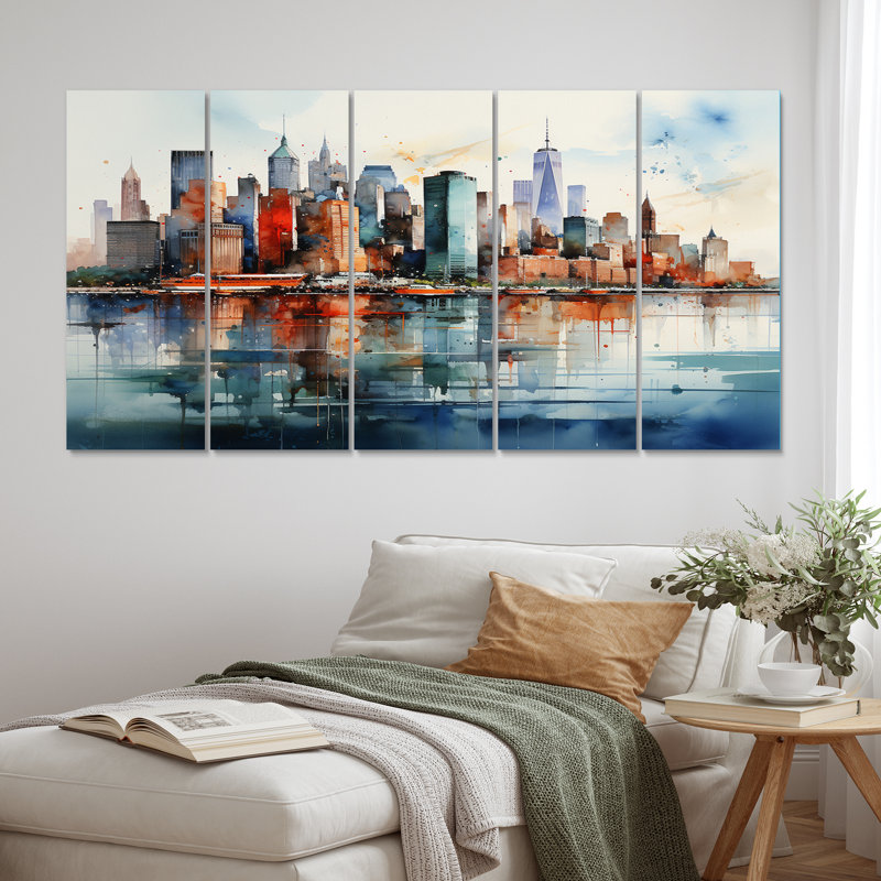 «Dreamy New York Scenery Retro Watercolor I», impression d'art mural de la ville de New York - 5 panneaux égaux