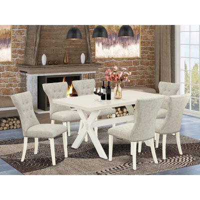7 Piece Modern Dining Table Set Consist of a Rectangle Wooden Table with X-Legs and 6 Doeskin Linen Fabric Upholstered Chairs, Wire brushed Linen White
