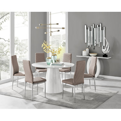 Edward Statement Pedestal Dining Table Set with 6 Luxury Faux Leather Upholstered Dining Chairs