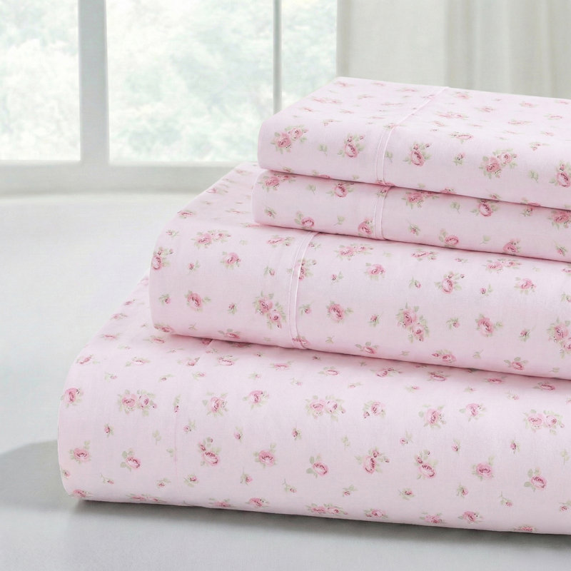 Ensemble de draps en microfibre 4 pièces Modern, California King Sheet Set with 2 Pillowcases, 30 roses sur fond rosé