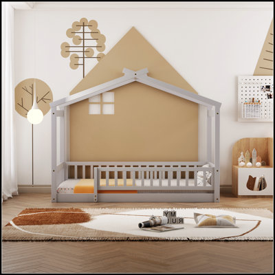Wood Bed House Frame with Fence for Kids and Teens, Durable Pine Construction, Perfect for Play and Sleep