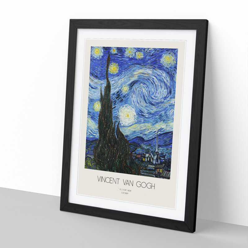 The Starry Night with Border by Vincent Van Gogh - Picture Frame Painting, 48cm H x 36cm W x 2cm D, Black Framed