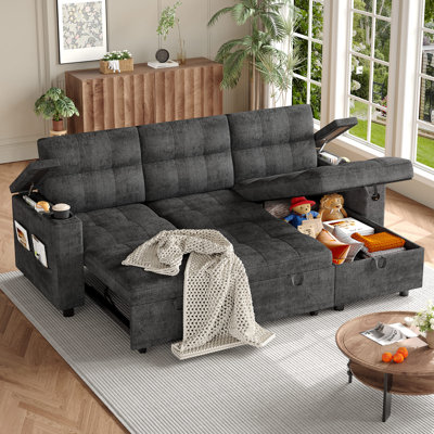 Sleeper Sofa Bed, l-Shaped Sectional Sleeper Sofa with Pull Out Bed, Comfy Couches for Living Room with Charging Ports and Storage Armrests