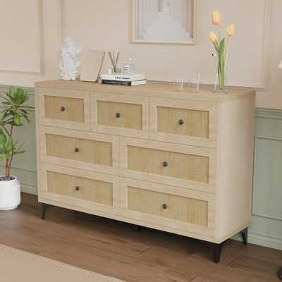 Kayden Rattan 7 Drawer 54" W Double Dresser For Bedroom Living Room