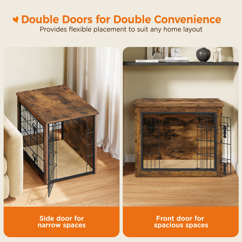 Dog Crate Furniture with 2 Doors, 61cm H x 69cm W x 51cm D, Rustic Brown/Black