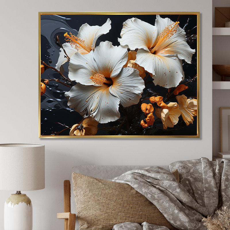 «Hibiscus Orange Blossums» sur toile, Cadre flottant doré, H 24 po x l 32 po x P 1 po