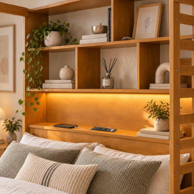 Lit plateforme Lumicubby Queen en bois avec baldaquin, tête de lit bibliothèque, ports de chargement USB, éclairage DEL RVB intelligent contrôlé par application, 6 compartiments de rangement sous le lit et grand tiroir.