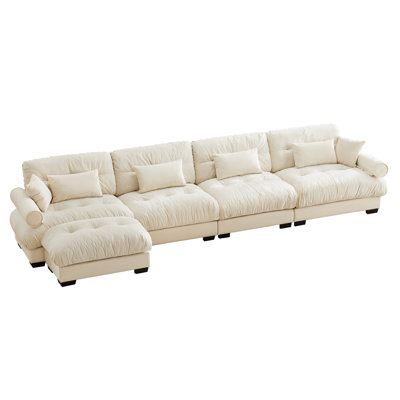 Convertible Deep 4-seat Velvet Upholstered Sectional Sofa With Lumbar Pillows, Throw Pillows And Padded Armrests by Latitude Run