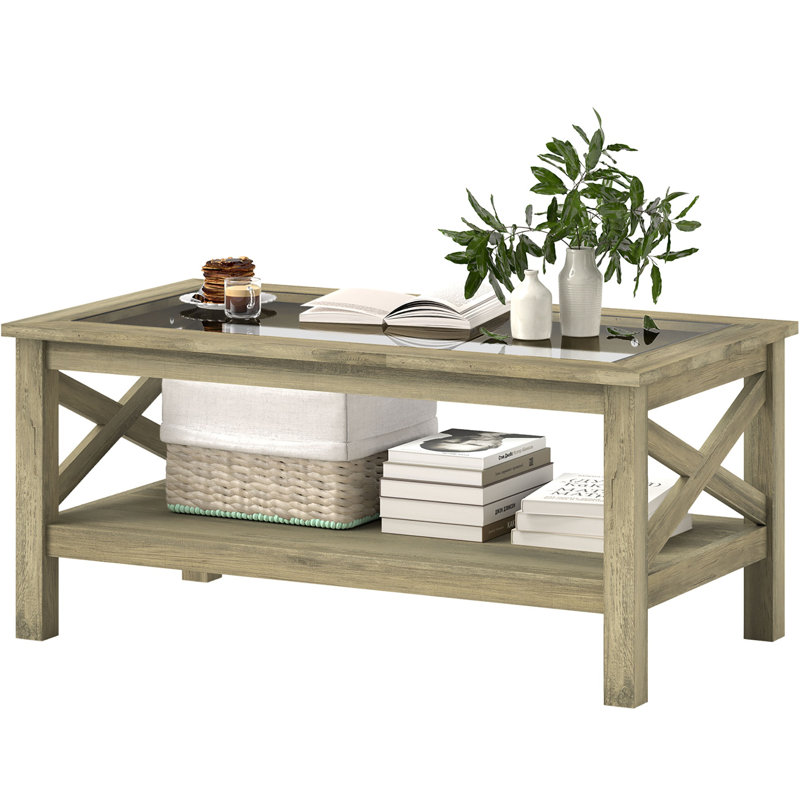 Gray Wood and Glass Coffee Table with Storage Shelf