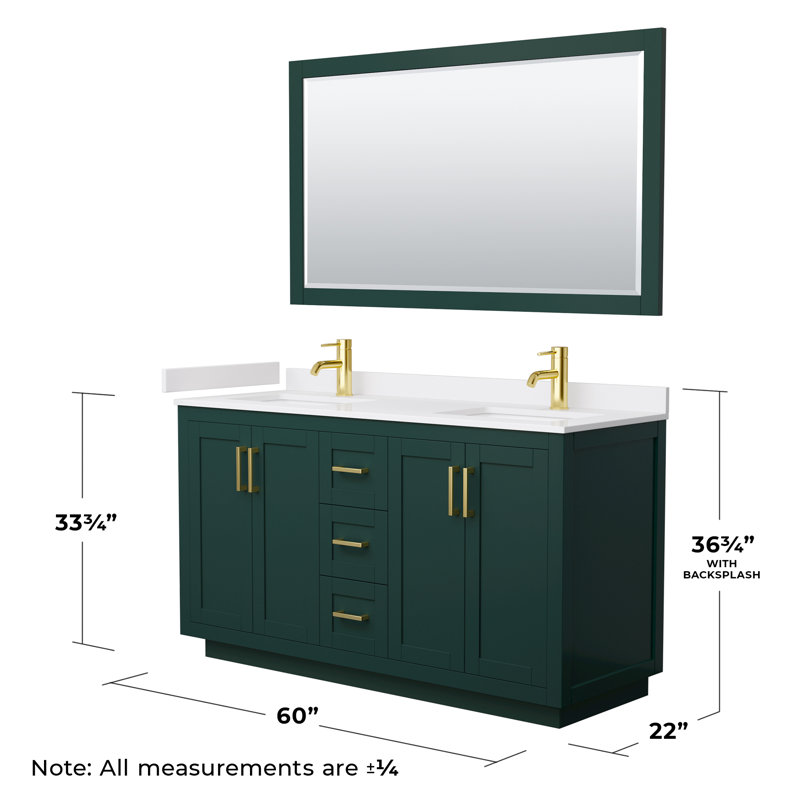 Miranda 60" Freestanding Double Bathroom Vanity with Cultured Marble Top with 58" Mirror, White Cultured Marble, Brushed Gold