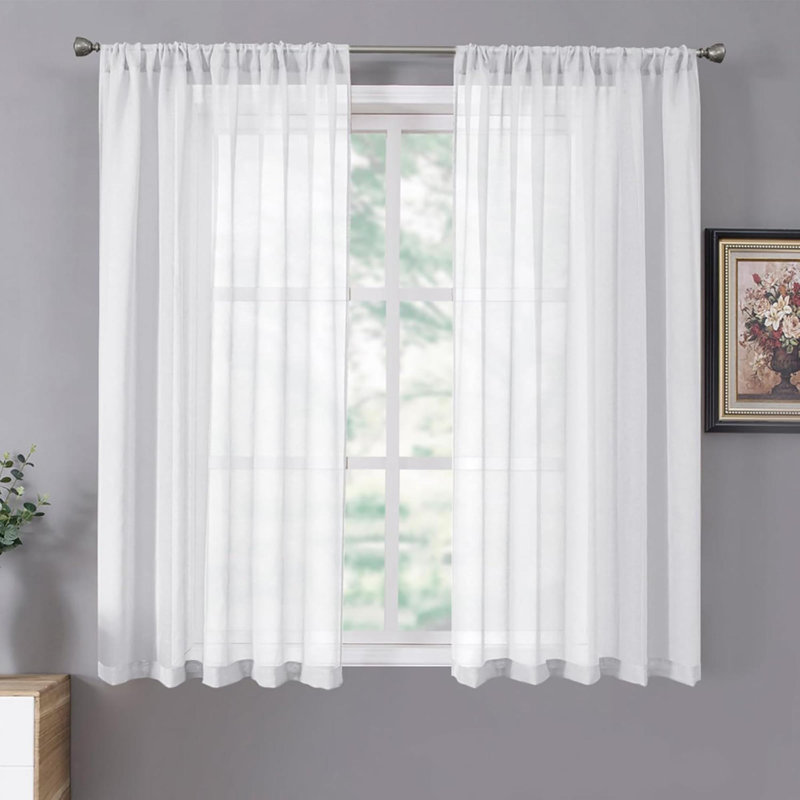 Short Sheer Curtains Linen Textured Bedroom Curtain Sheers Light Filtering Rod Pocket Voile Curtains For Living Roomset Of 2 Panels