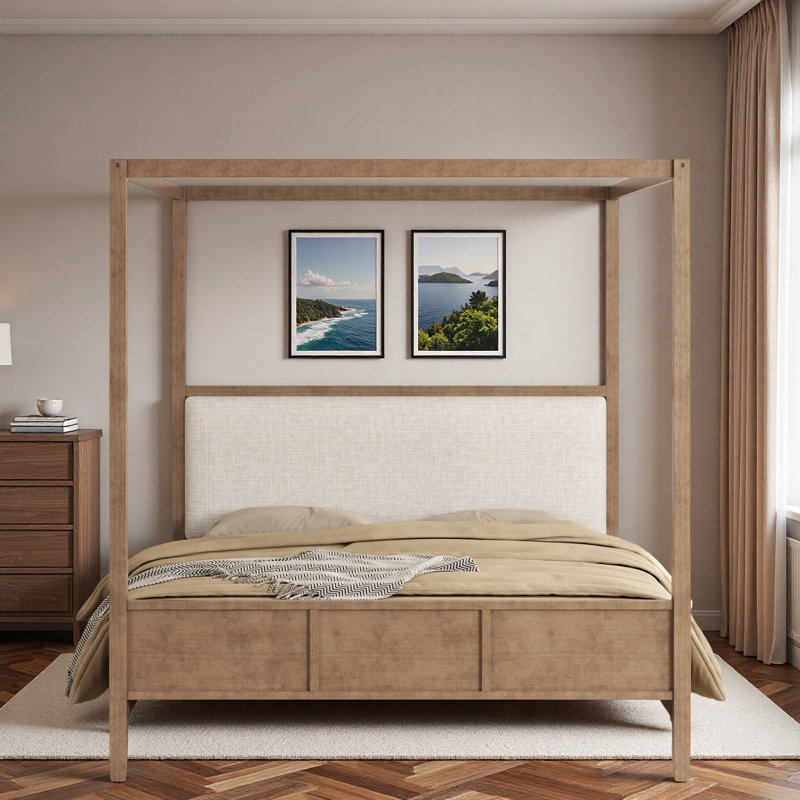 Lit plateforme à baldaquin en bois avec tête de lit tapissier, Natural Walnut, King