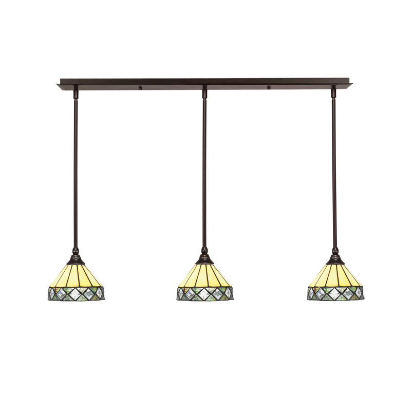 3 Light Stem Hung Linear Pendalier Shown With 7" Diamond Peak Art Glass, 6.5" H x 38.25" W x 7" D, Oil Rubbed Bronze