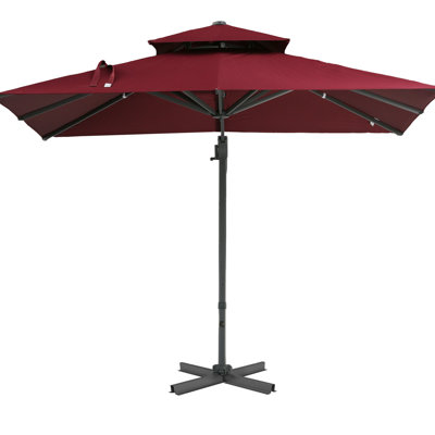 Red 10Ft Offset Patio Umbrella - Hanging Cantilever, 360-Degree Rotation, Tilt Function, Aluminum Base For Barbecue Festival Tilt, Square, Friends Reunion