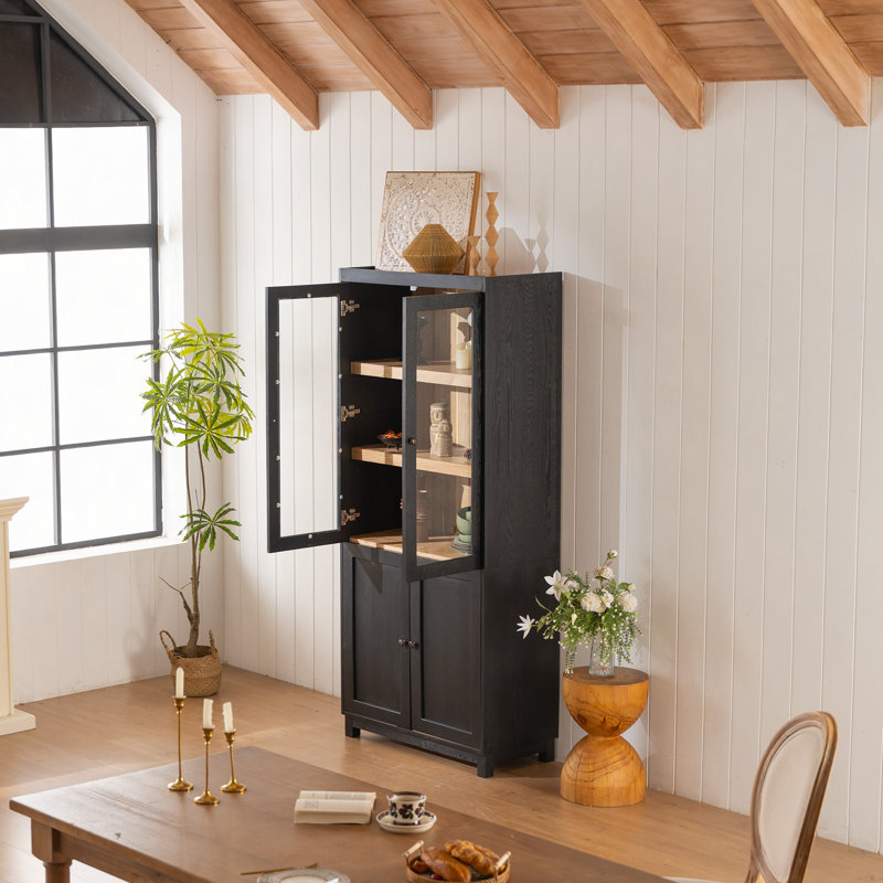 Vitrine en bois de frêne de 74,5 po de hauteur, bibliothèque avec portes en verre et tablettes réglables, bibliothèque moderne de style Mid-Century, armoire vitrée pour couloirs, salon, cuisine et bureau