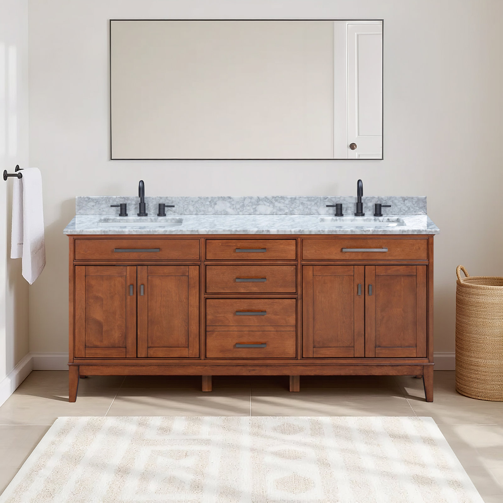 72" Carrara Marble Double Bathroom Vanity, Tobacco, 61", Carrara White Marble