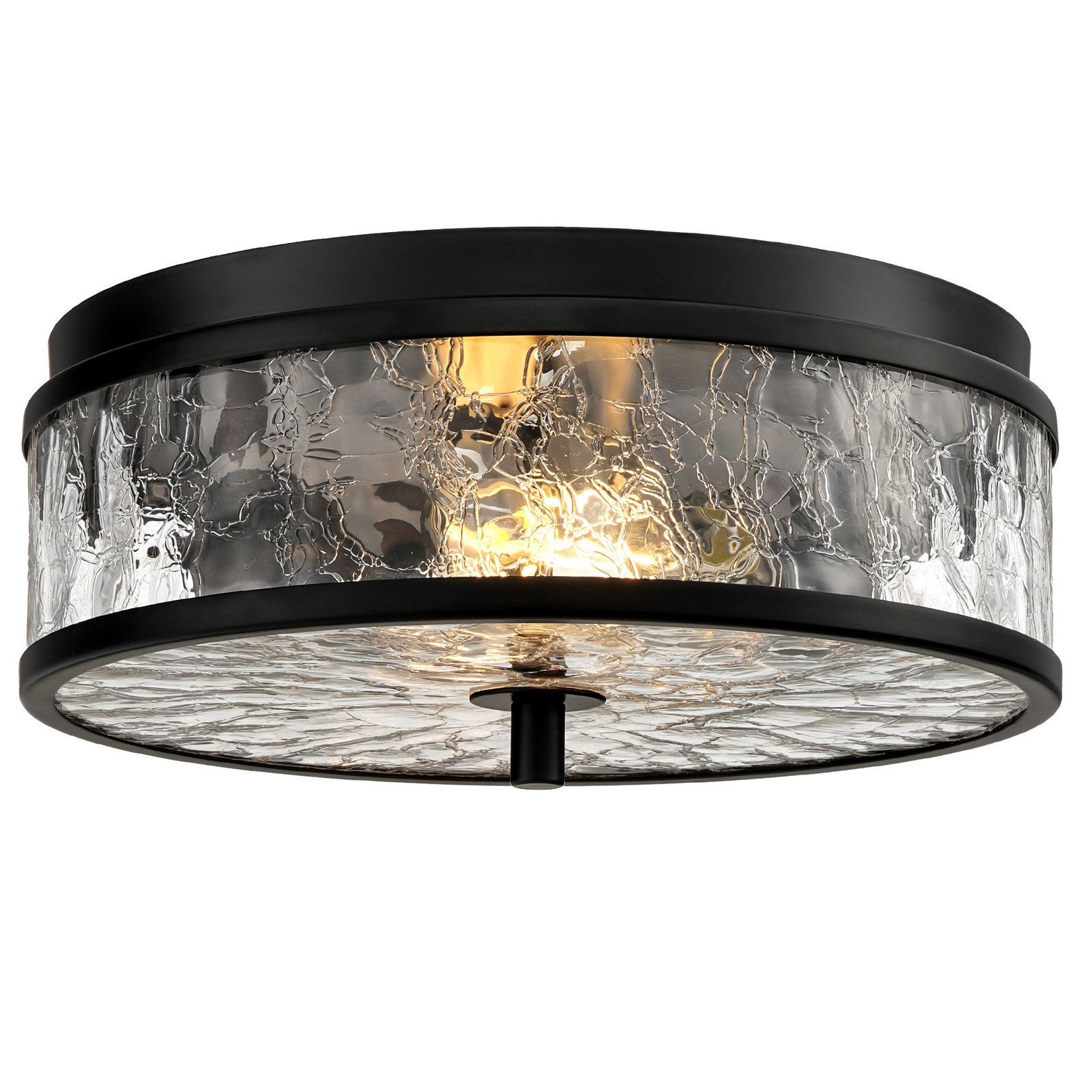 2-Light 12” Flush Mount Ceiling Light With Crackle Glass Shade, Matte Black