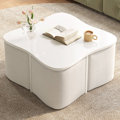 Table basse carrée irrégulière avec tabourets cachés - blanc