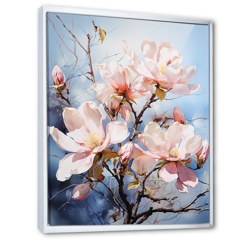 Blanc blanc rose Magnolias Magnolia Whispers II - imprimé, H 40 po x l 30 po x P 1,5 po, Cadre flottant blanc