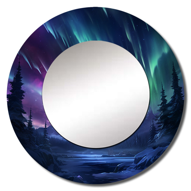 Vibrant Northern Lights - Aurora Borealis Large Mirror, Blue Round Decorative Wall Mirror, Printed Metal Art, 36" x 36"