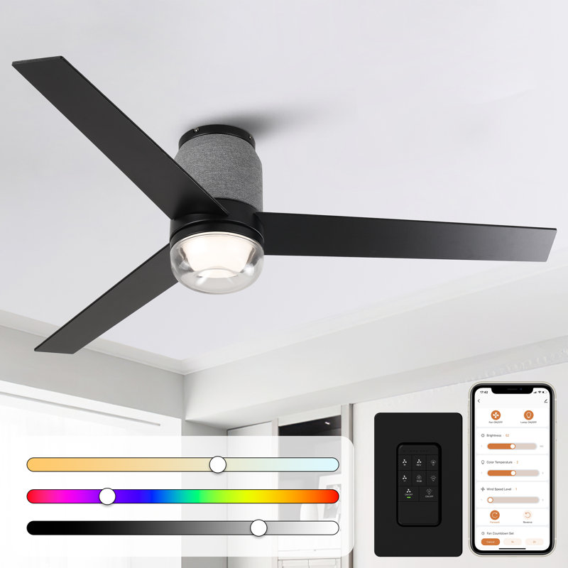 52" Modern Flush Mount Smart RGB LED Ceiling Fan with Remote and APP Control, Glass Shade, Double-Sided Wood Blades, 3CCT Dimmable Lights, 6-Speed Reversible DC Motor, Timer