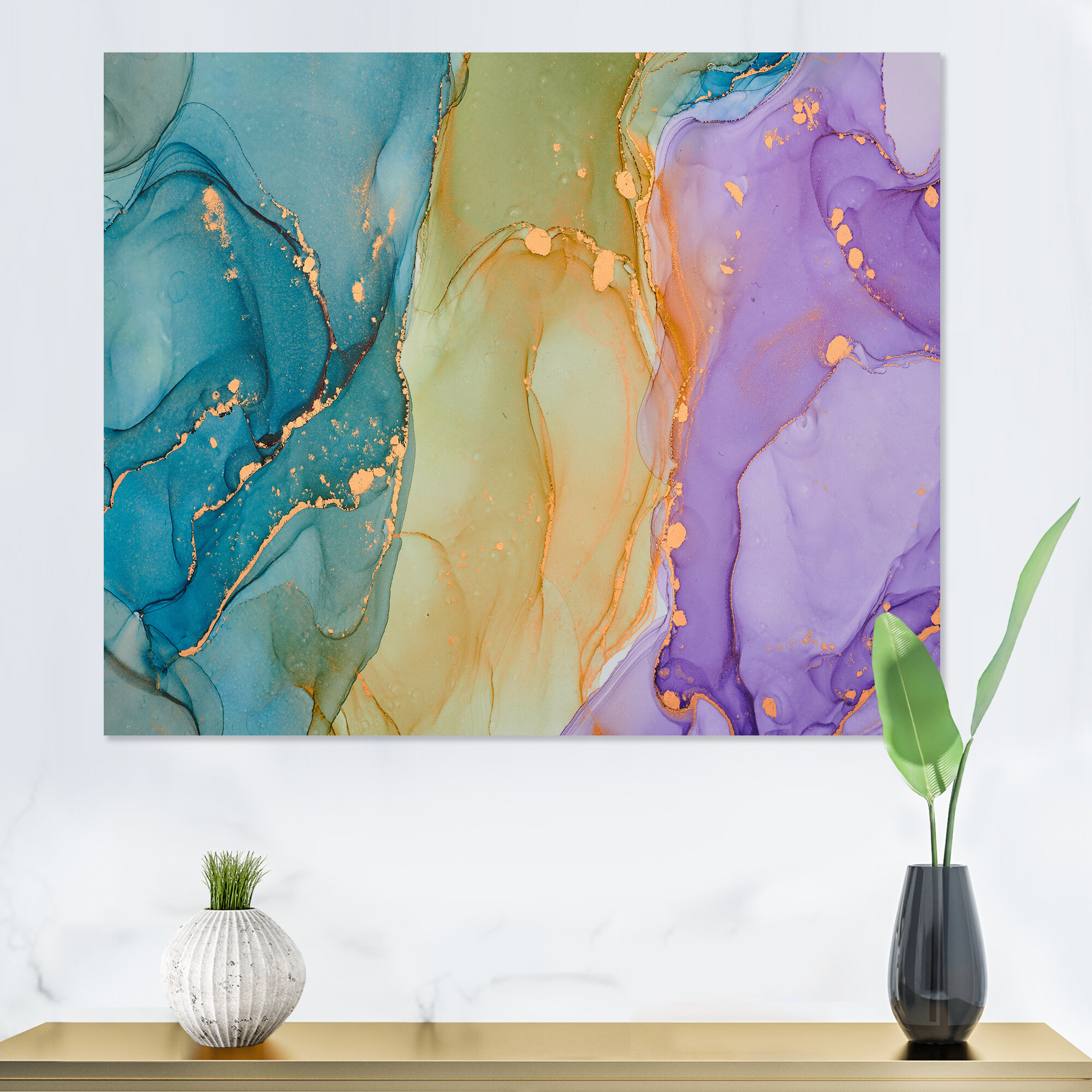 Blue and Purple Liquid Art - Print on Canvas East Urban Home Format: Silver Picture Framed, Size: 34 H x 44 W x 1.5 D