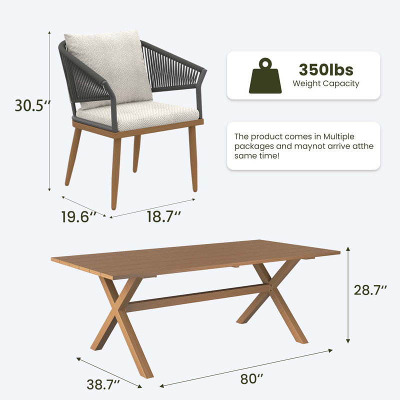 Rectangular Outdoor Dining Set With Cushions, Beige/Brown Wood/Grey/Brown, 4