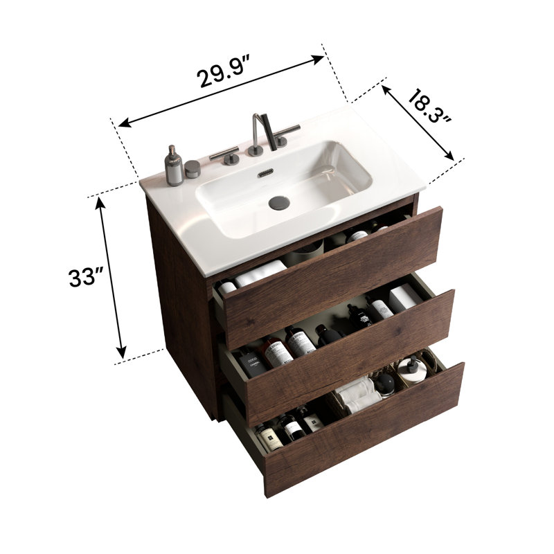 Meuble-lavabo de 30 po en noyer. Mouvement silencieux, capacité intérieure enrichie. Armoire moderne. Lavabo blanc. Meuble-lavabo en noyer pré-assemblé. Rangement encastré, fonctionnement. Poignée ergonomique.