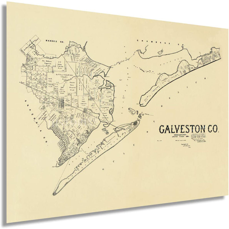 «1892 Galveston County Texas Map», art mural sur papier, H 18 po x l 24 po x P 0,1 po